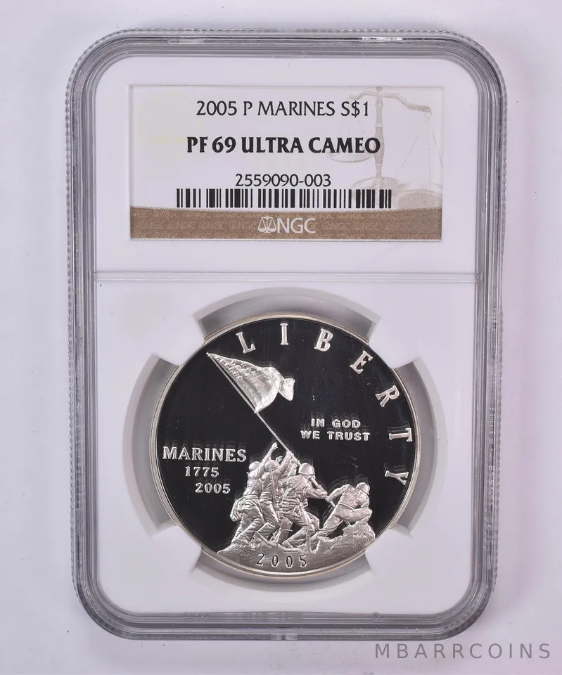 2005-P Marine Corps Commemorative Silver Dollar PF69 UCAM NGC Brown Label