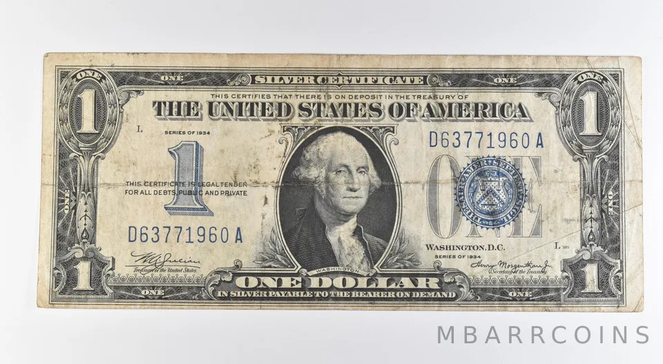 1934 $1 Silver Certificate Blue Seal Off Center Fr#1606 *0413