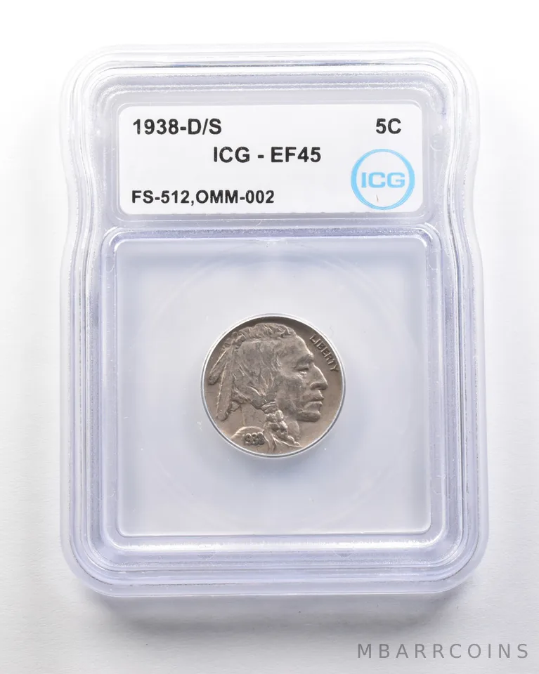 1938-D/S Indian Head Buffalo Nickel Mint Error FS-512 OMM-002 EF45 ICG a1678