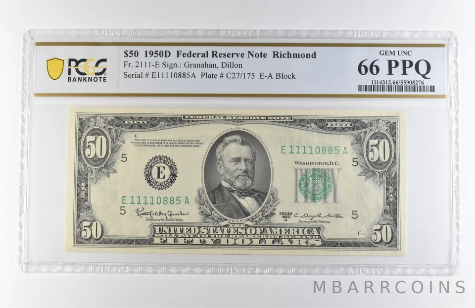 1950 D $50 Richmond VA FRN Fr#2111-E Gem Unc 66 PPQ PCGS *7885