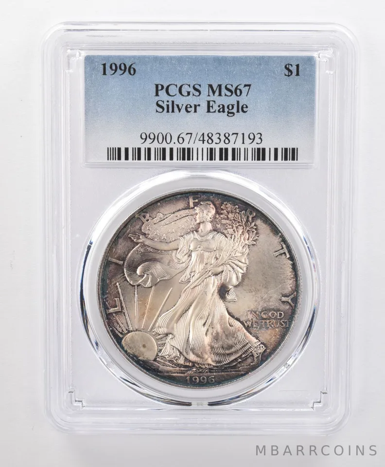 MS67 1996 American Silver Eagle PCGS Beautifully Toned Blue/Purple Hues *0173