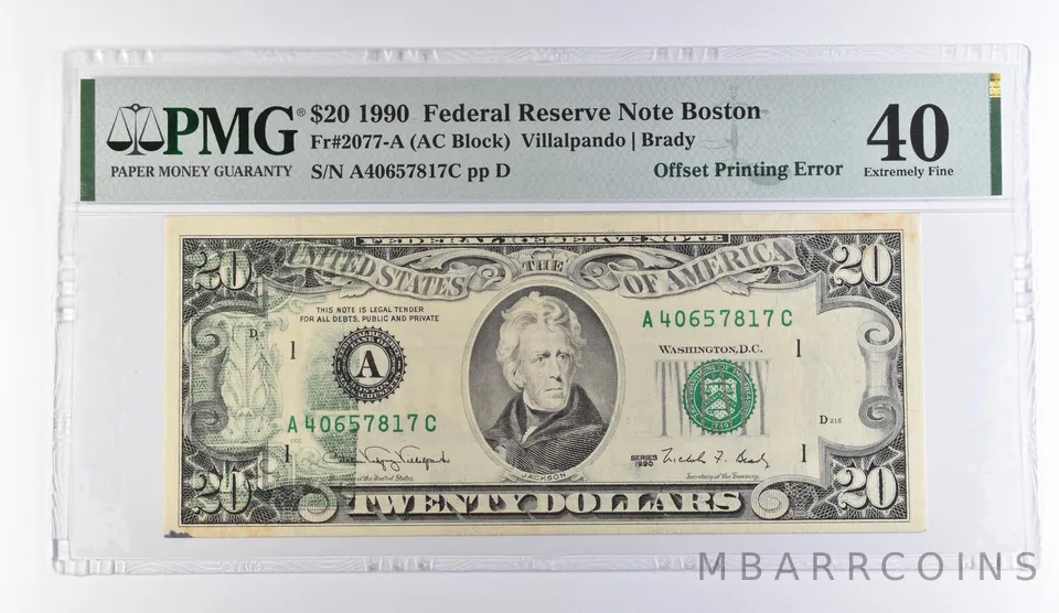1990 $20 Boston MA FRN OffPrinting Error Fr#2077-A Extremely Fine 40 PMG *9463