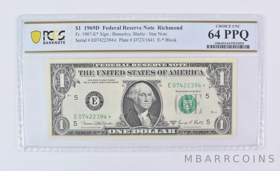 1969 D $1 Richmond VA FRN Star Note Fr#1907-E* Choice Unc 64 PPQ PCGS