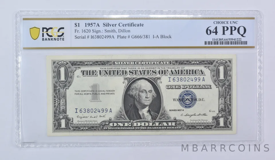 1957 A $1 Silver Certificate Fr#1620 Choice Unc 64 PPQ PCGS