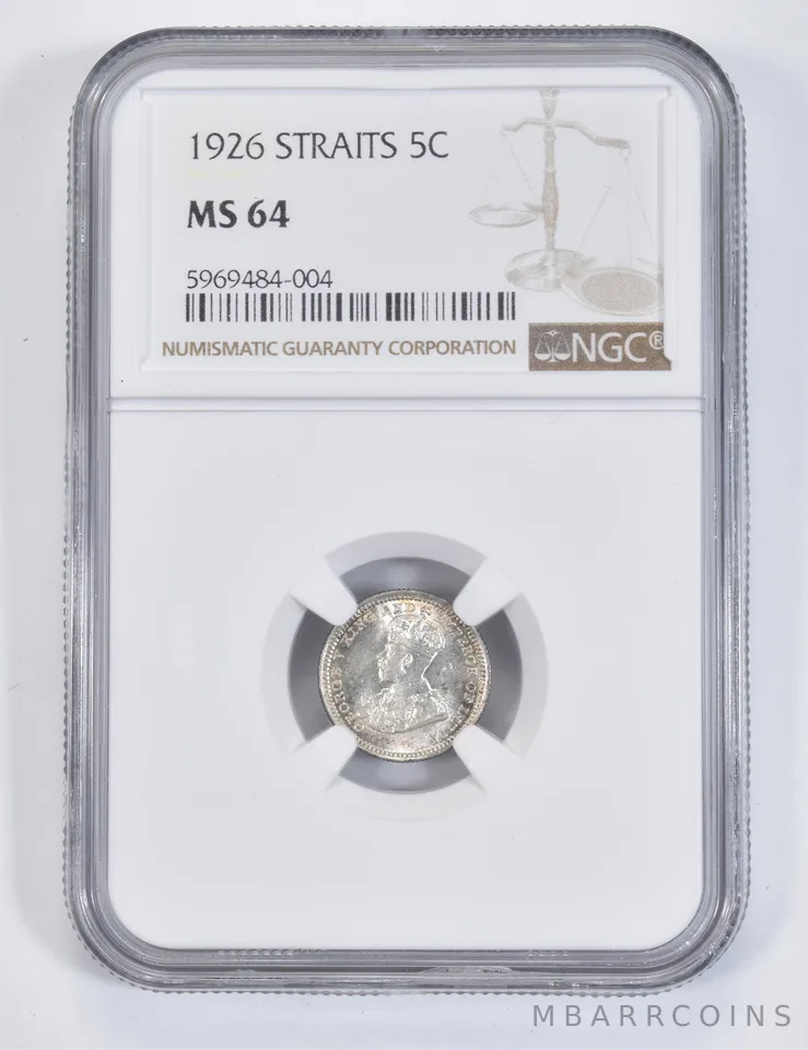 MS64 1926 Straits Settlements 5 Cents - Graded NGC *8225