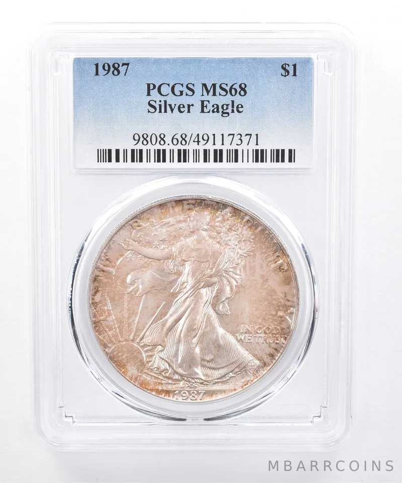 1987 American Silver Eagle MS68 PCGS Iridescent Tone *8473