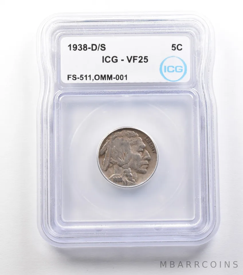 1938-D/S Indian Head Buffalo Nickel FS-511 OMM-001 VF25 ICG *1518