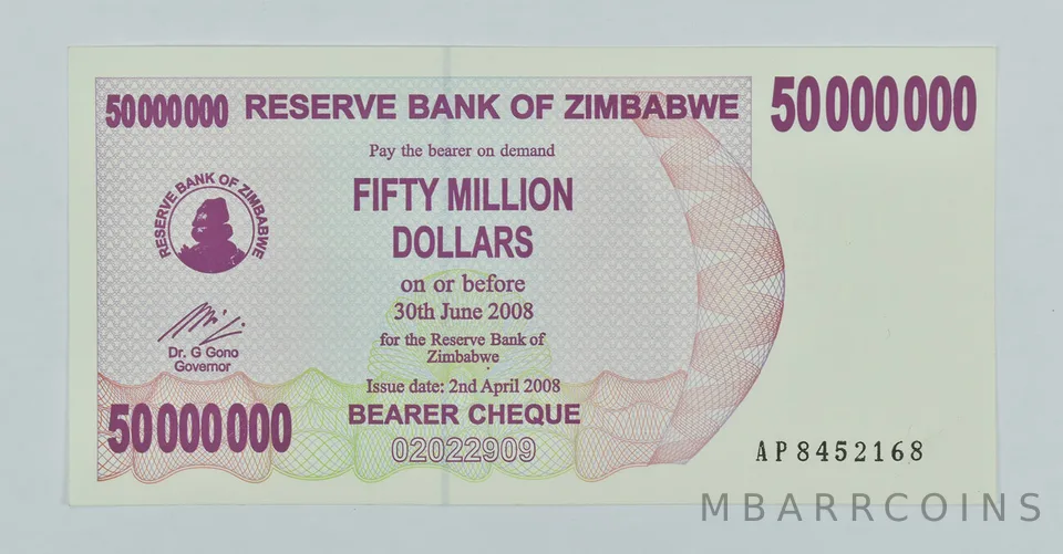 2008 Zimbabwe 50 Million Dollars Bearer Cheque Elephant