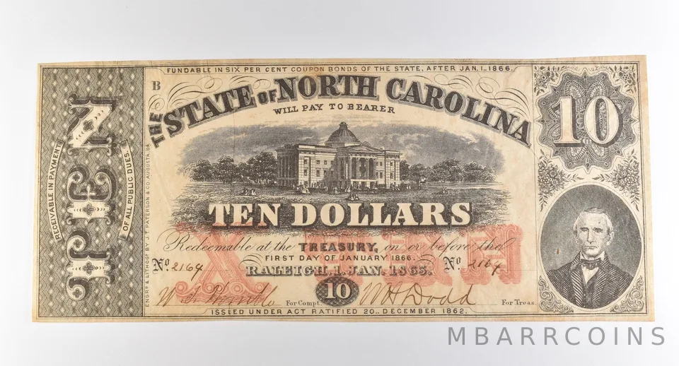 1866 $10 Raleigh NC State Of North Carolina Obsolete Note *3816