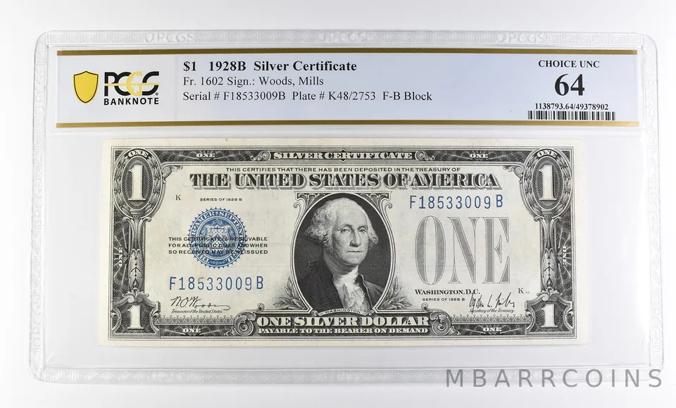 1928 B $1 Silver Certificate Fr#1602 Choice Unc 64 PCGS *2547