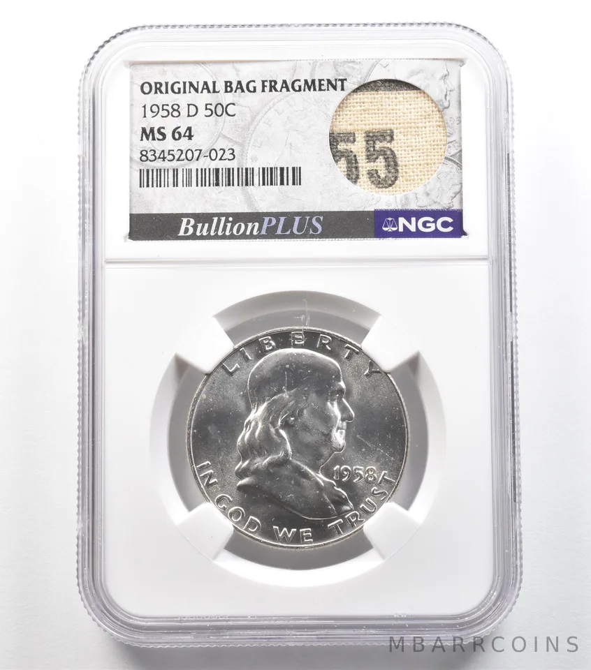 1958-D Franklin Half Dollar Original Bag Fragment MS64 NGC *4002