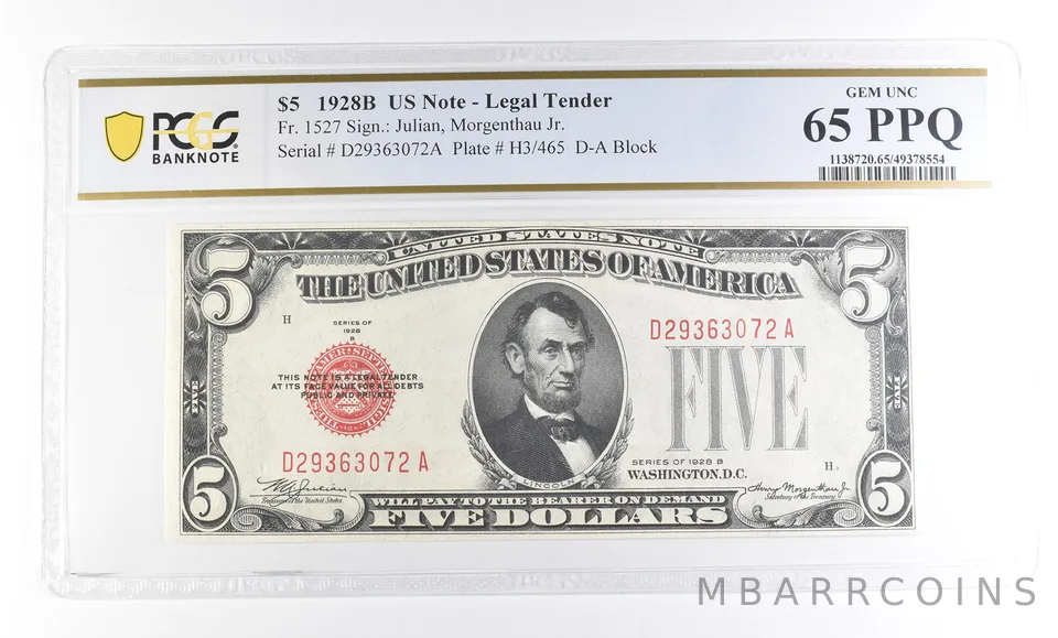1928 B $5 US Legal Tender Fr#1527 Gem Unc 65 PPQ PCGS *2386