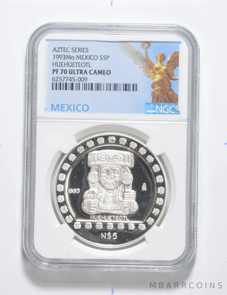 PF70 UCAM 1993 Mo Mexico Silver 5 Pesos Aztec Series Huehueteotl NGC *3399