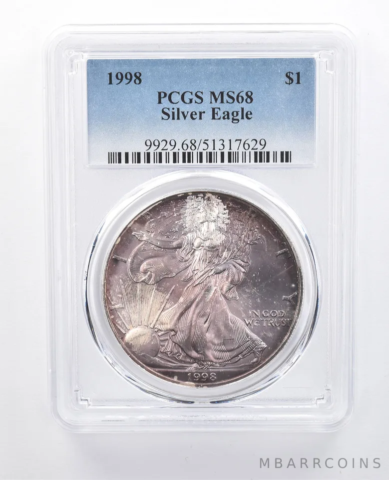 1998 American Silver Eagle MS68 PCGS Purple Tone *8154