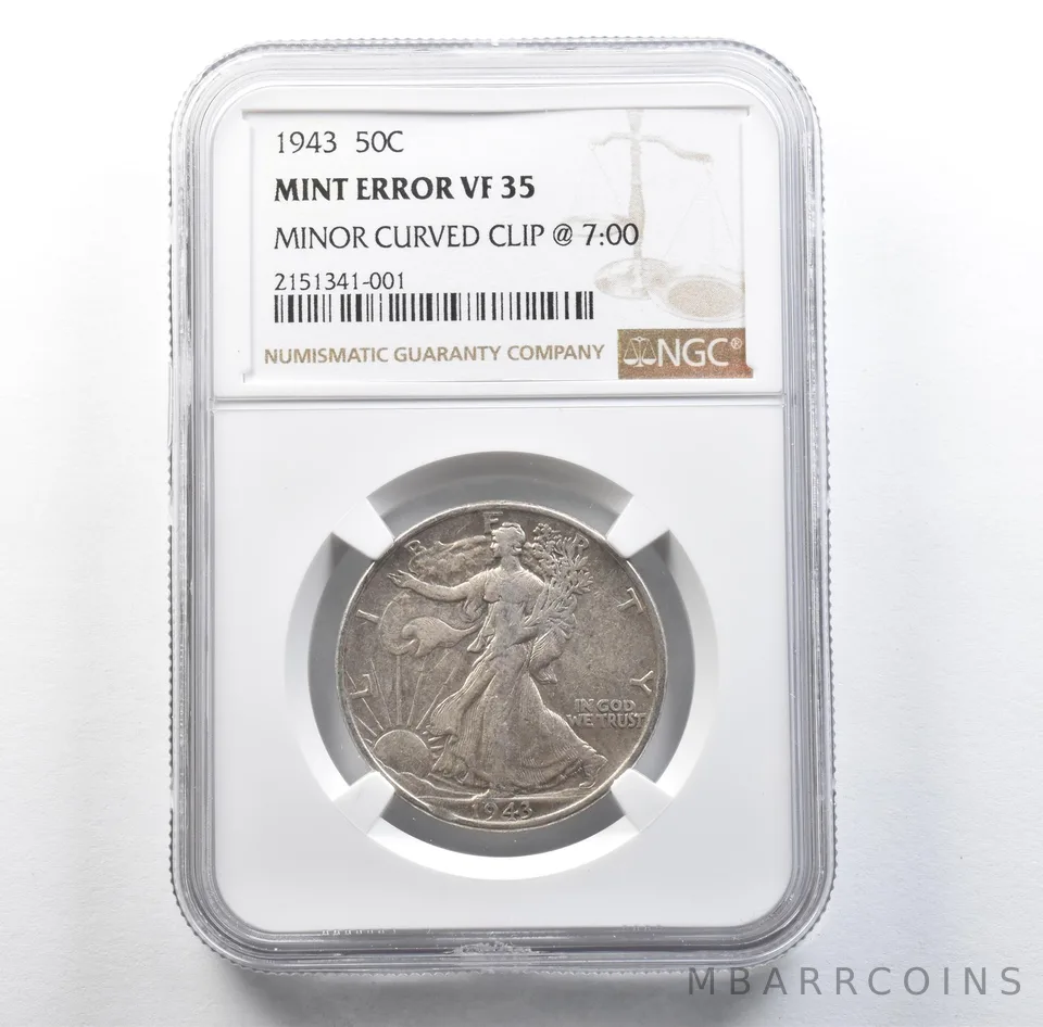 1943 Walking Liberty Half Dollar Error Minor Curved Clip @ 7:00 VF35 NGC *3104