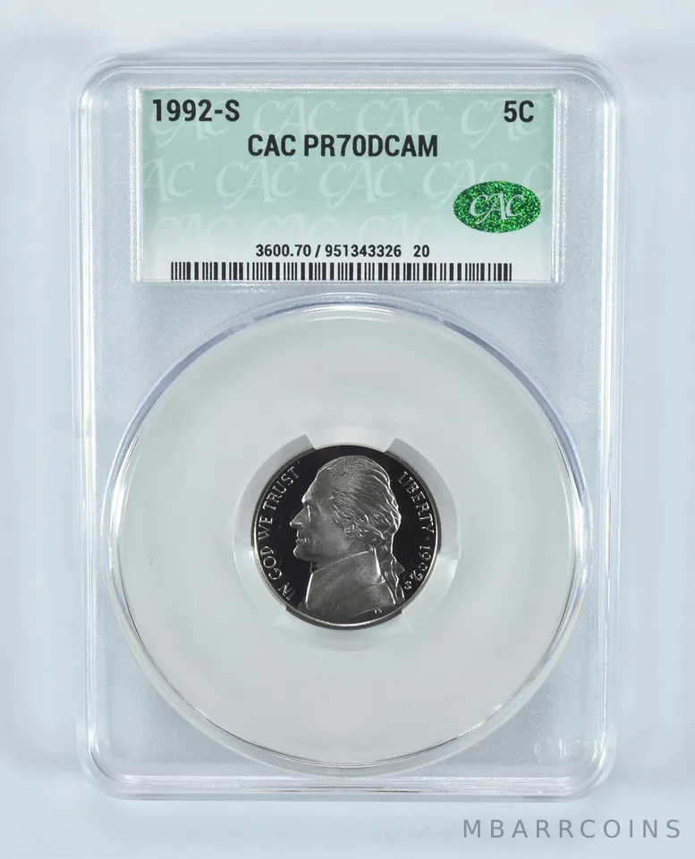 1992-S Jefferson Nickel PR70 DCAM CAC CACg