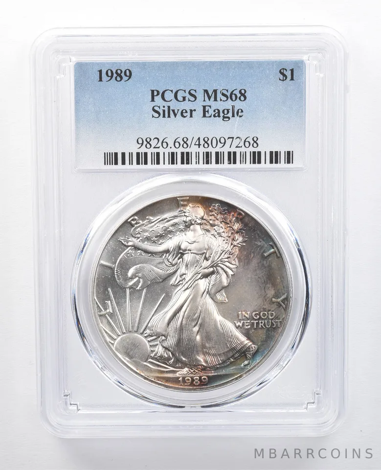 1989 American Silver Eagle MS68 PCGS Rainbow Peripheral Tone *7701
