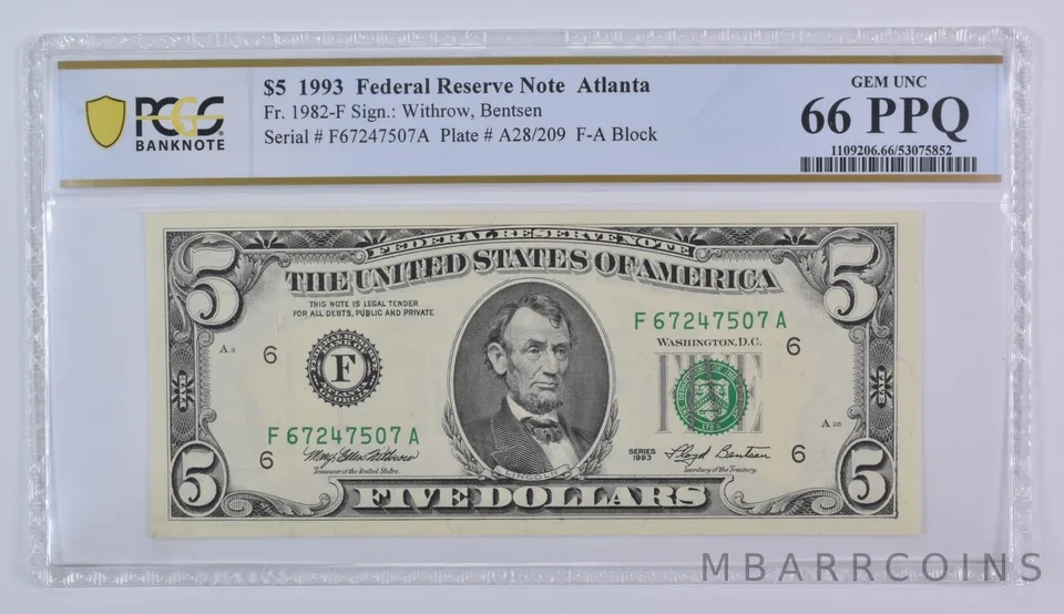 1993 $5 Atlanta GA FRN Fr#1982-F Gem Unc 66 PPQ PCGS