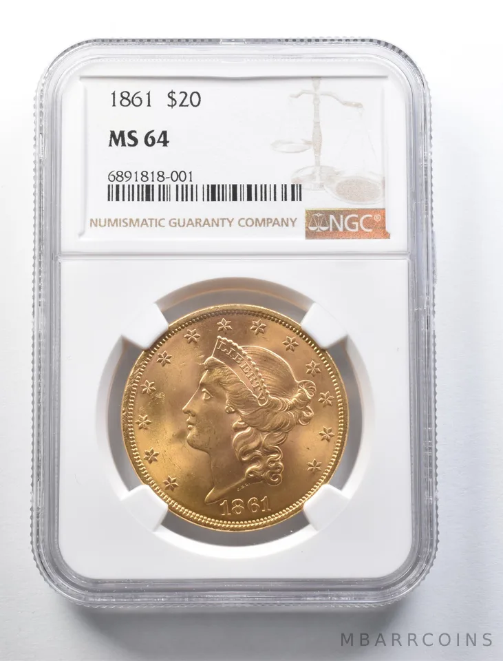1861 $20 Liberty Head Gold Double Eagle MS64 NGC PQ a0979