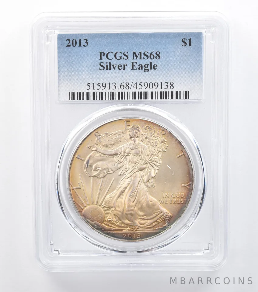 2013 American Silver Eagle MS68 PCGS Yellow/Rainbow Tone *7755