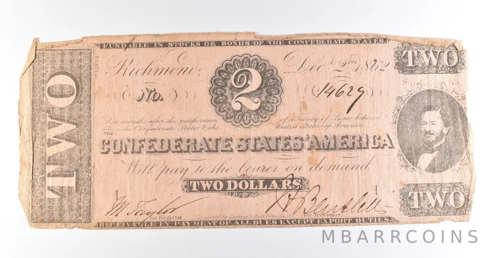 1862 $2 Richmond VA Confederate States Of America Obsolete Note *3890