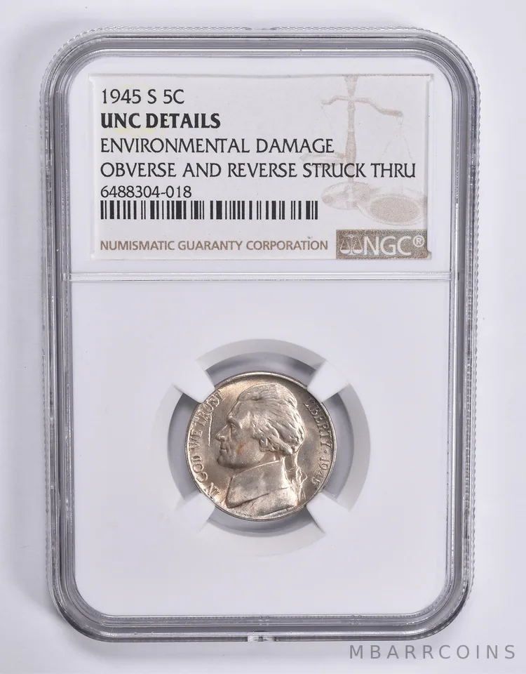 UNC Details 1945-S Jefferson Nickel OBV & REV Struck Thru NGC *1850