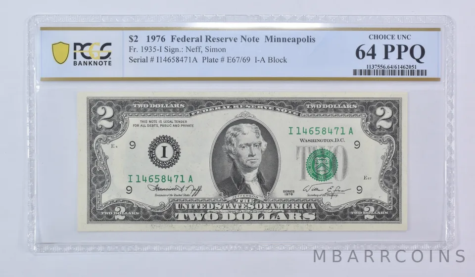 1976 $2 Minneapolis MN FRN Fr#1935-I Choice Unc 64 PPQ PCGS
