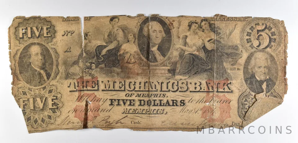 1854 $5 Memphis TN Mechanics Bank Obsolete Note *8647