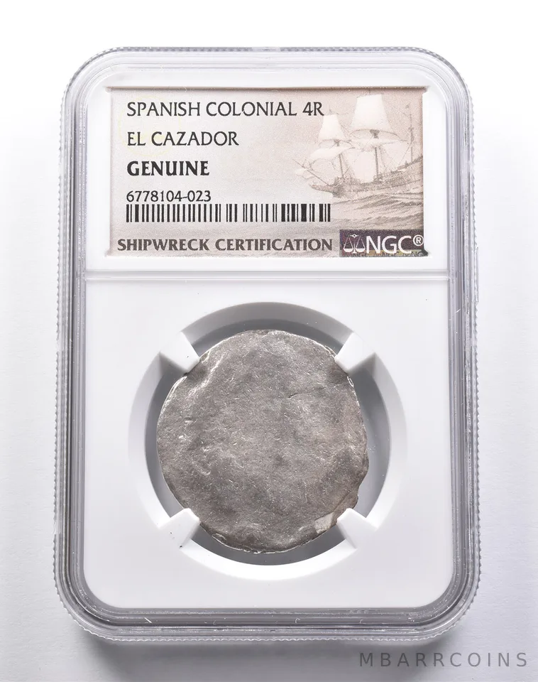 Genuine El Cazador Spanish Colonial 4 Reales NGC Shipwreck Certification *3678