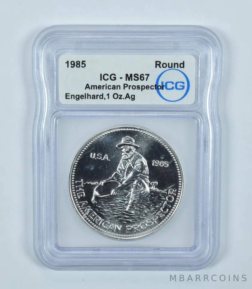 1985 Engelhard American Prospector 1 Troy Oz Silver Round MS67 ICG