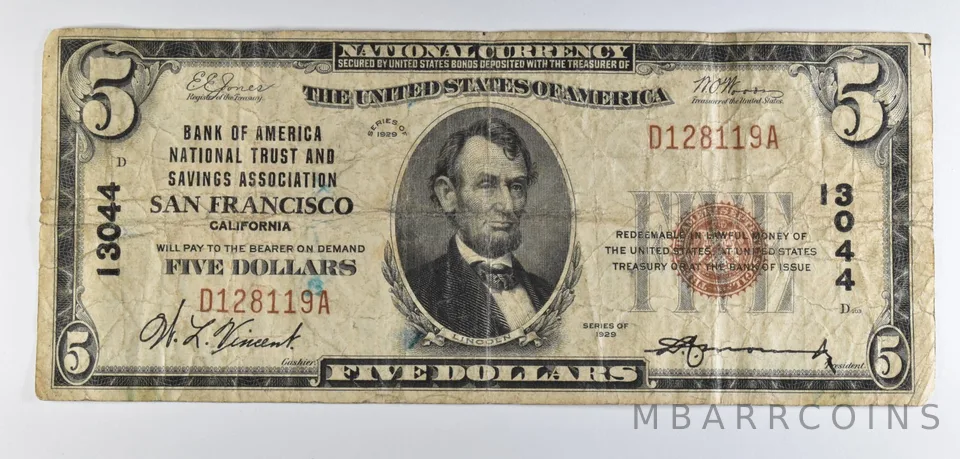 1929 $5 National Currency Note San Francisco CA Ch#13044 *8553