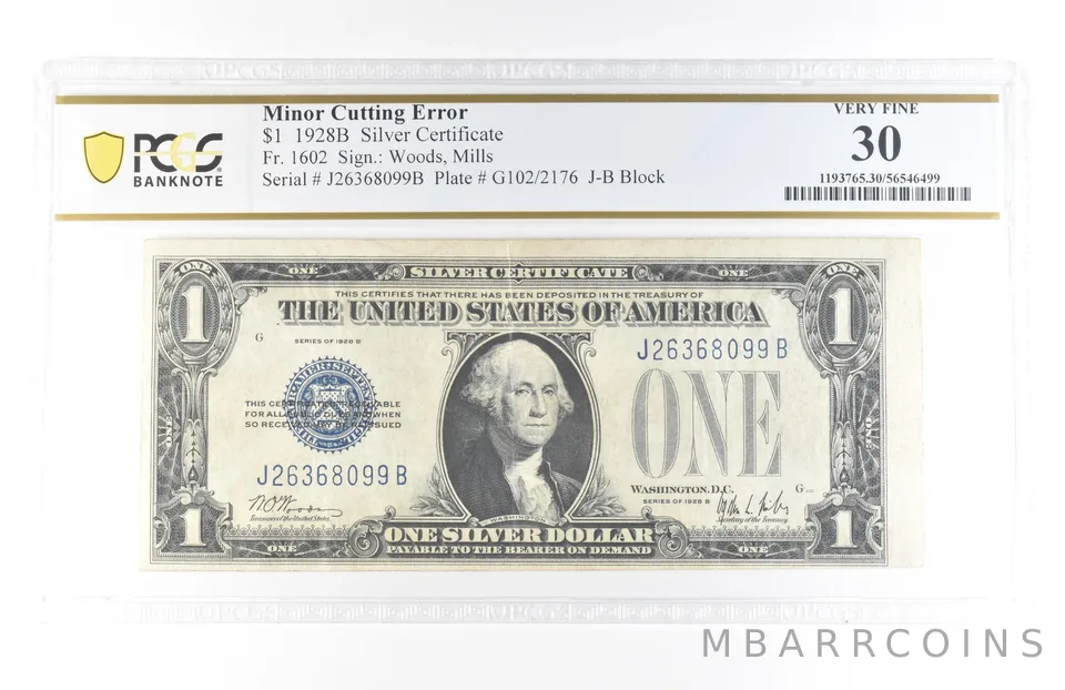 1928 B $1 Silver Certificate Minor Cutting Error Fr#1602 Very Fine 30 PCGS *5793
