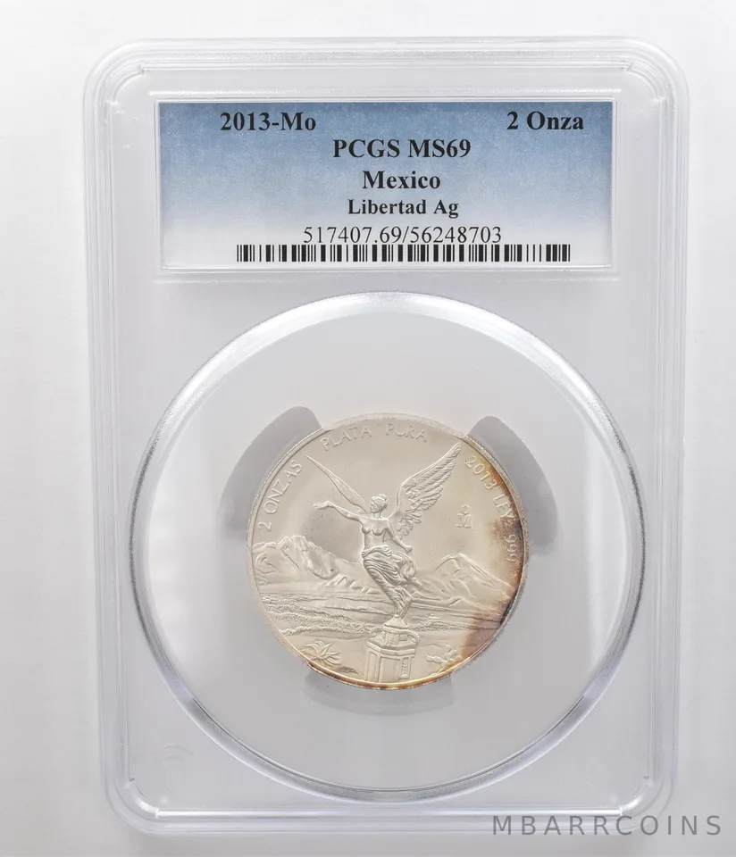 2013 Mo Mexico 2 Onza Silver Libertad MS69 PCGS Peripheral Tone *5199