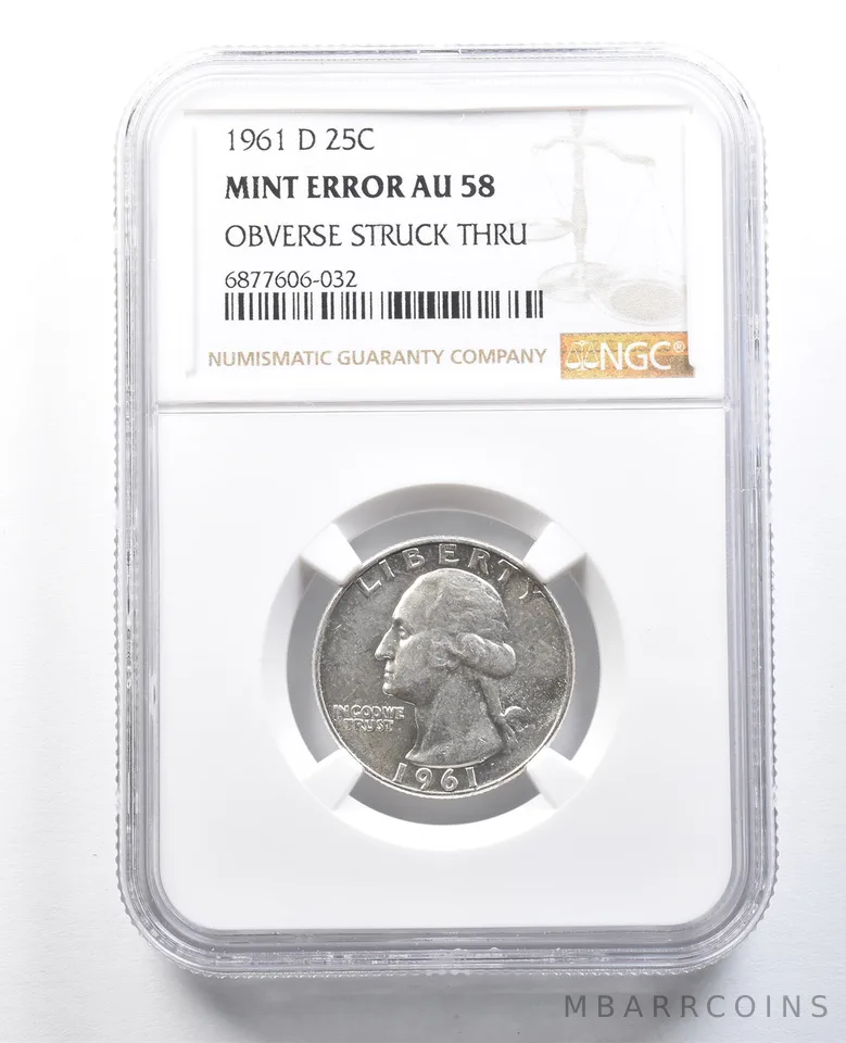 1961-D Washington Quarter Mint Error Obverse Struck Thru AU58 NGC *8215