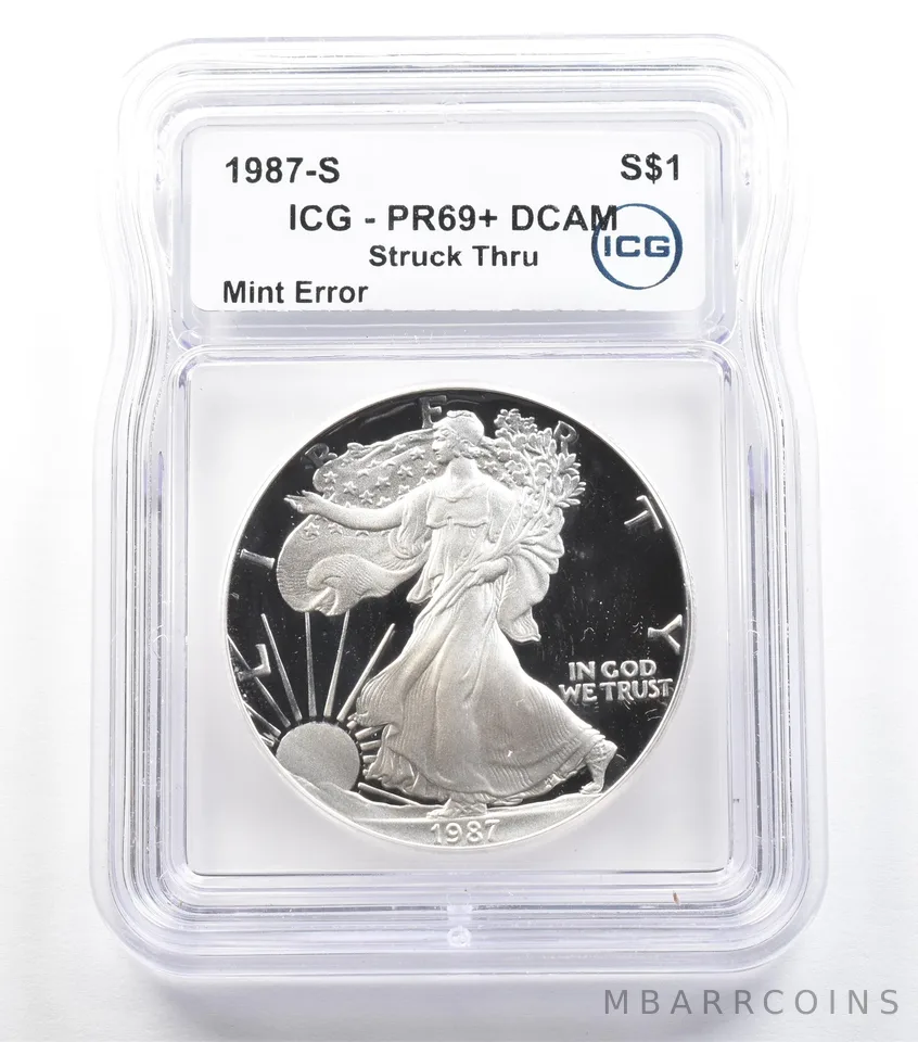 1987-S American Silver Eagle Mint Error Struck Thru PR69+ DCAM ICG *5557