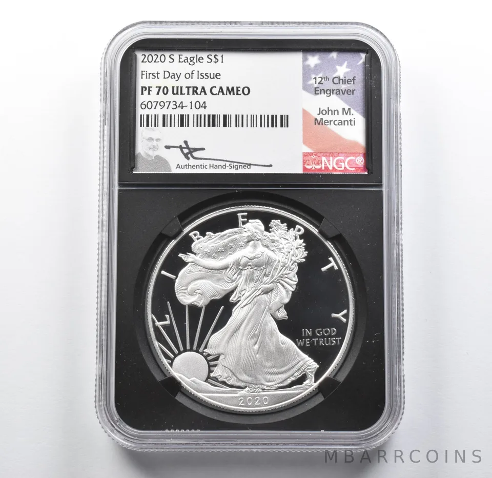 PF70 UCAM 2020-S American Silver Eagle FDOI Signed Mercanti NGC a2112