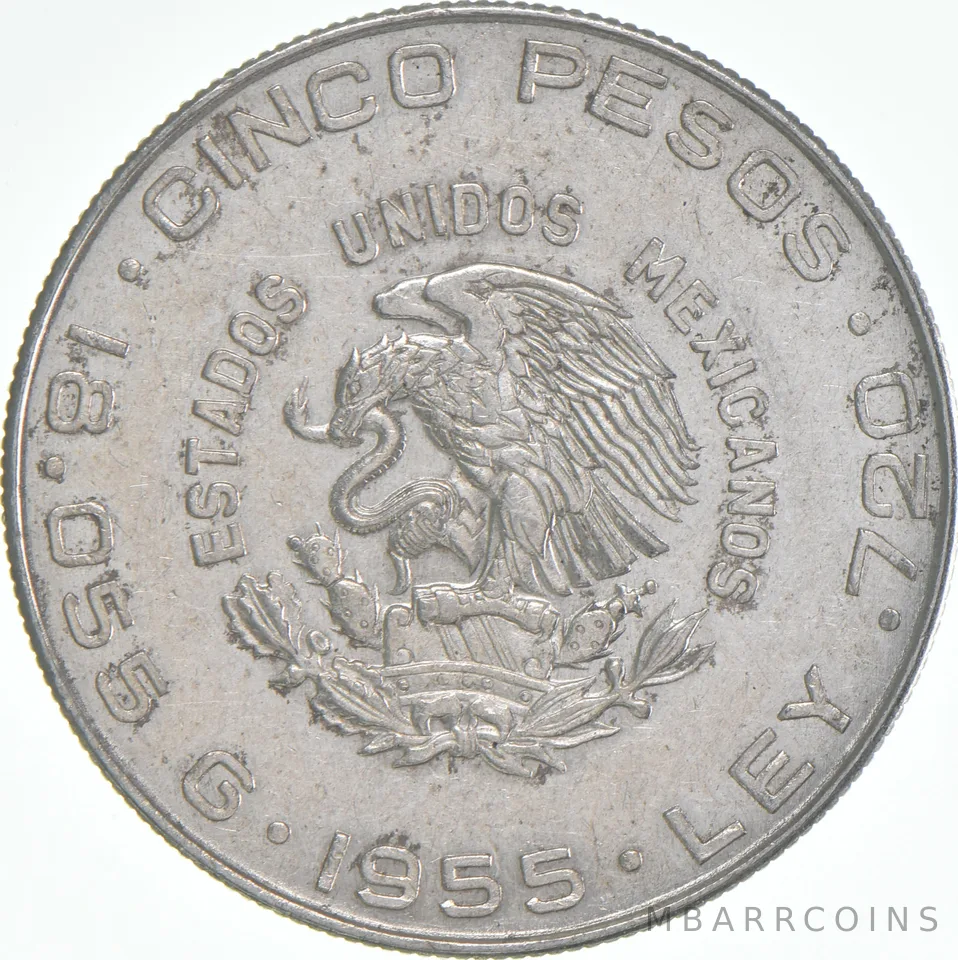 1955 Mo Mexico 5 Pesos Hidalgo .720 Silver AU