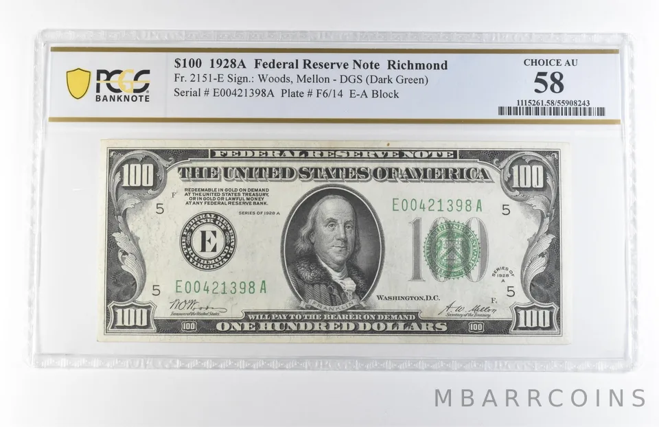 1928 A $100 Richmond VA FRN Fr#2151-E DGS Choice AU 58 PCGS *7861