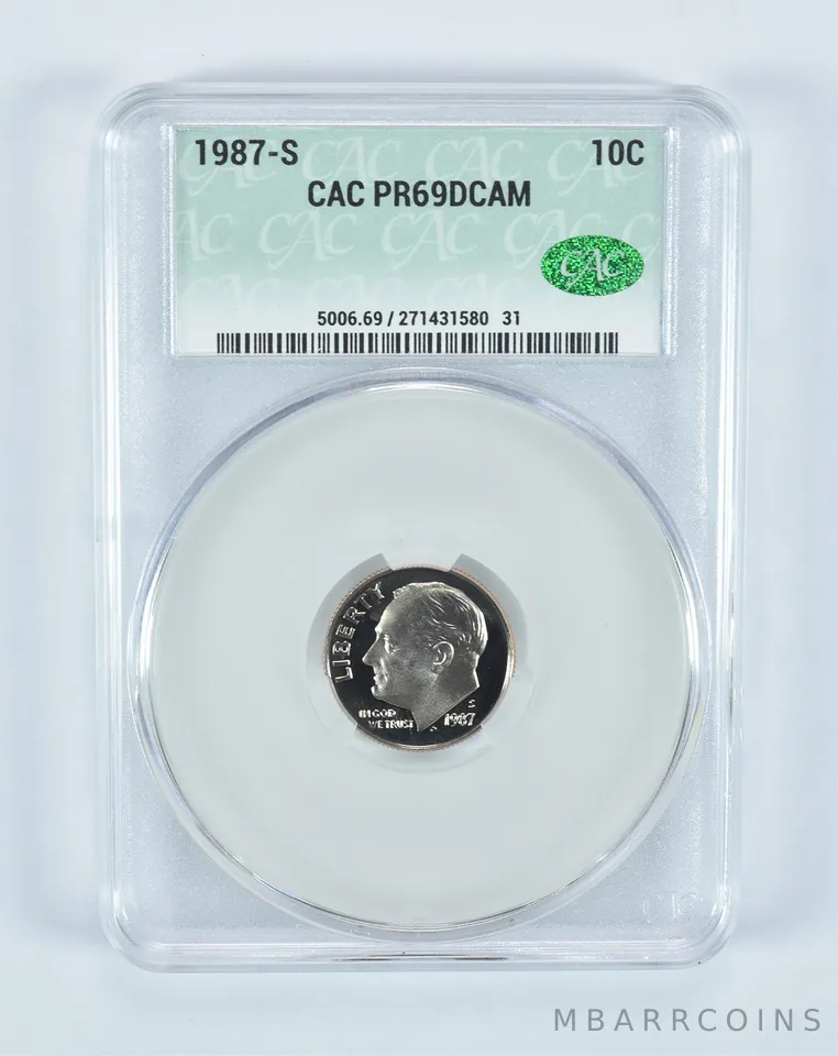 1987-S Roosevelt Dime PR69 DCAM CAC CACg
