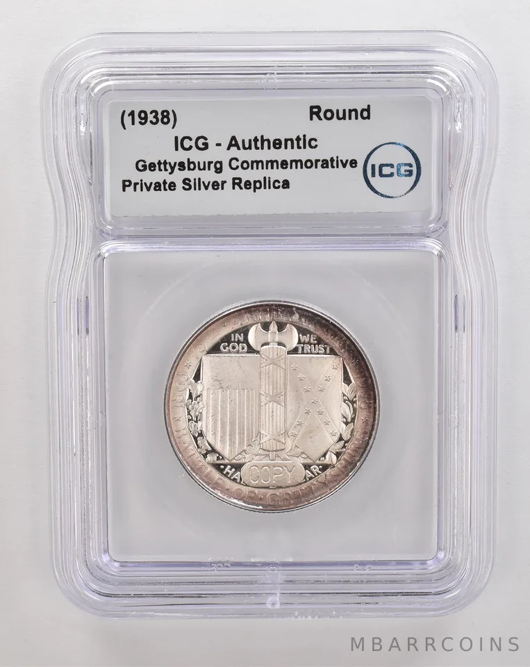 (1938) Gettysburg Commemorative Private Silver Round Authentic ICG Tone *4321