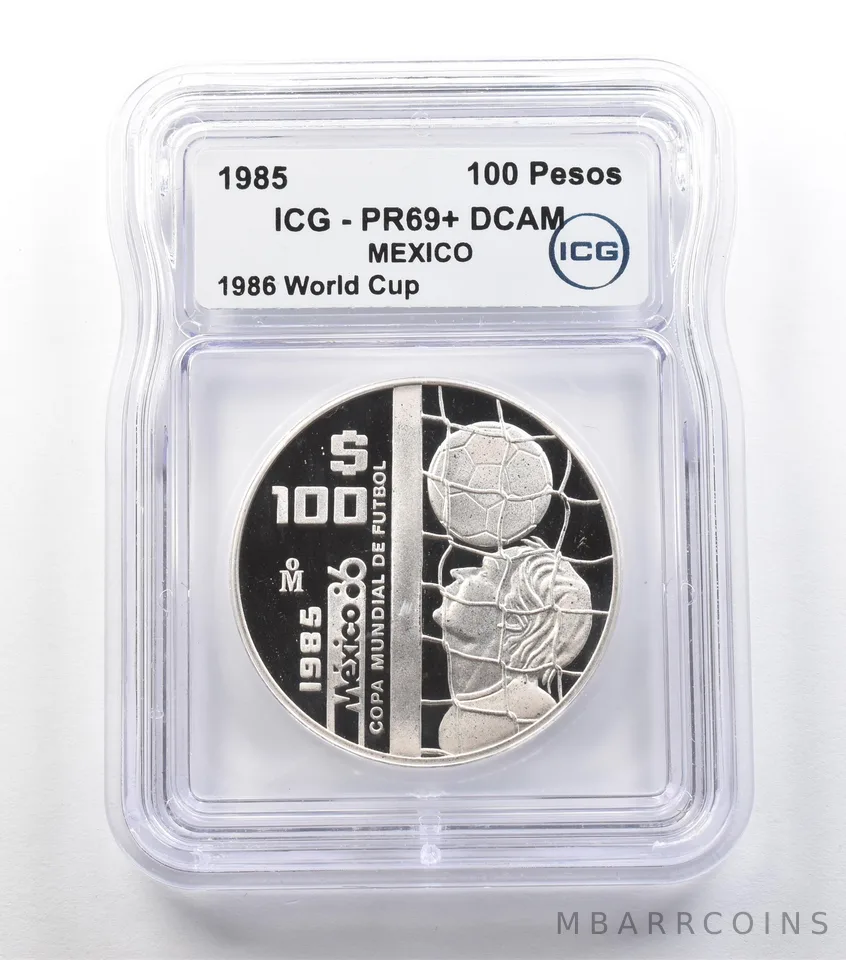 1985 Mo Mexico 100 Pesos Silver 1986 World Cup PR69+ DCAM ICG *7917