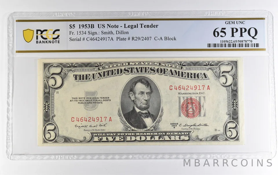 1953 B $5 US Legal Tender Fr#1534 Gem Unc 65 PPQ PCGS a3856