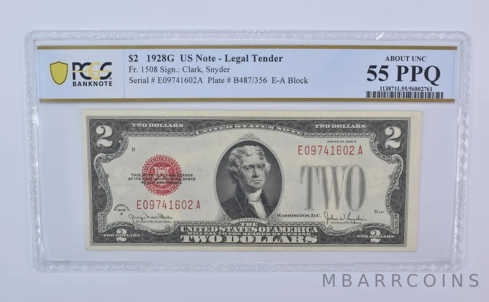 1928 G $2 Legal Tender Fr#1508 Red Seal About Unc 55 PPQ PCGS *8090