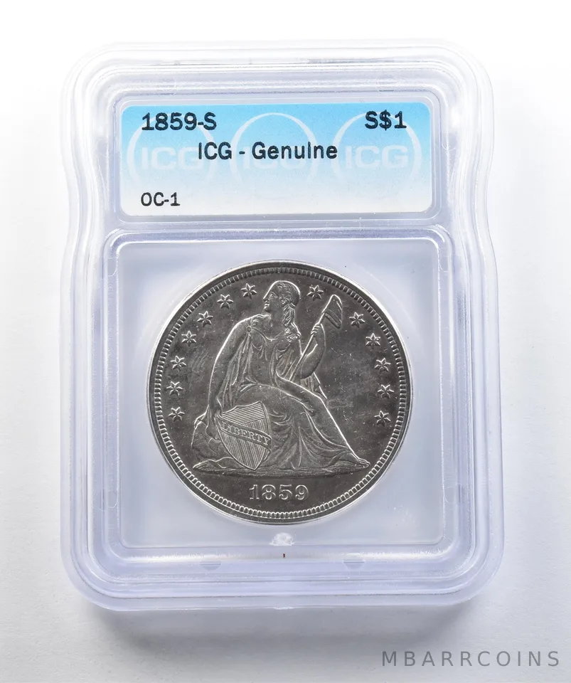 1859-S Seated Liberty Silver Dollar OC-1 Genuine ICG *2001
