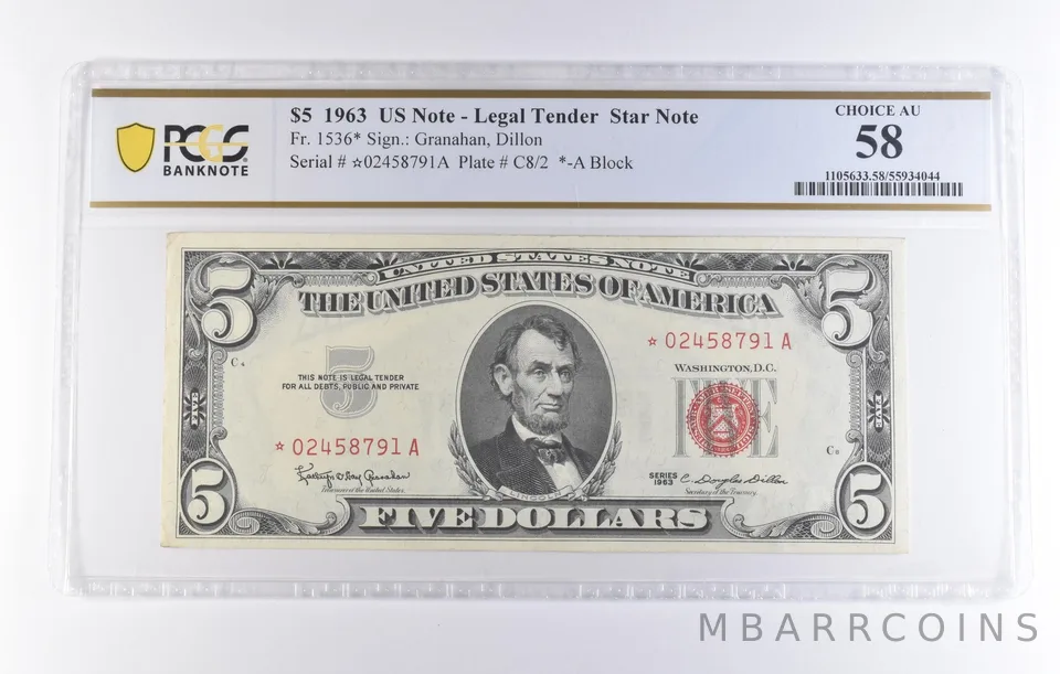 1963 $5 Legal Tender Star Note Fr#1536* Choice AU 58 PCGS *8315