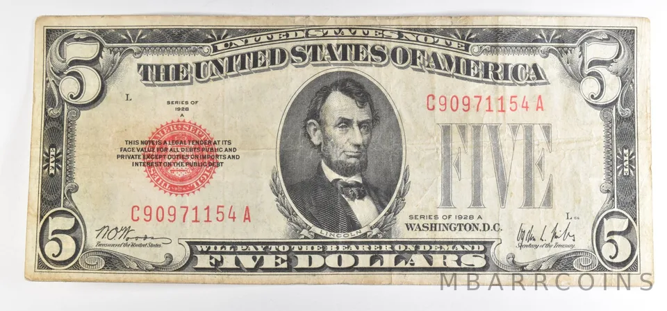 1928 A $5 Legal Tender Note Red Seal a6100