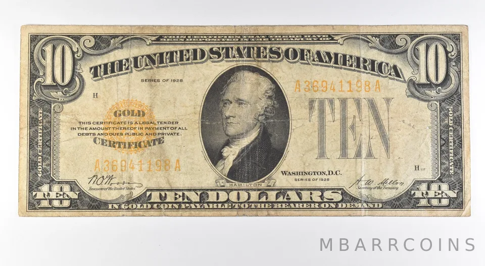 1928 $10 Gold Certificate Yellow Seal Fr#2400 *9617