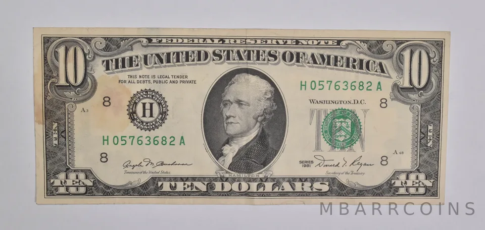 ERROR 1981 $10 St. Louis, MO U.S. FRN US Ink Smear Error Note a5429