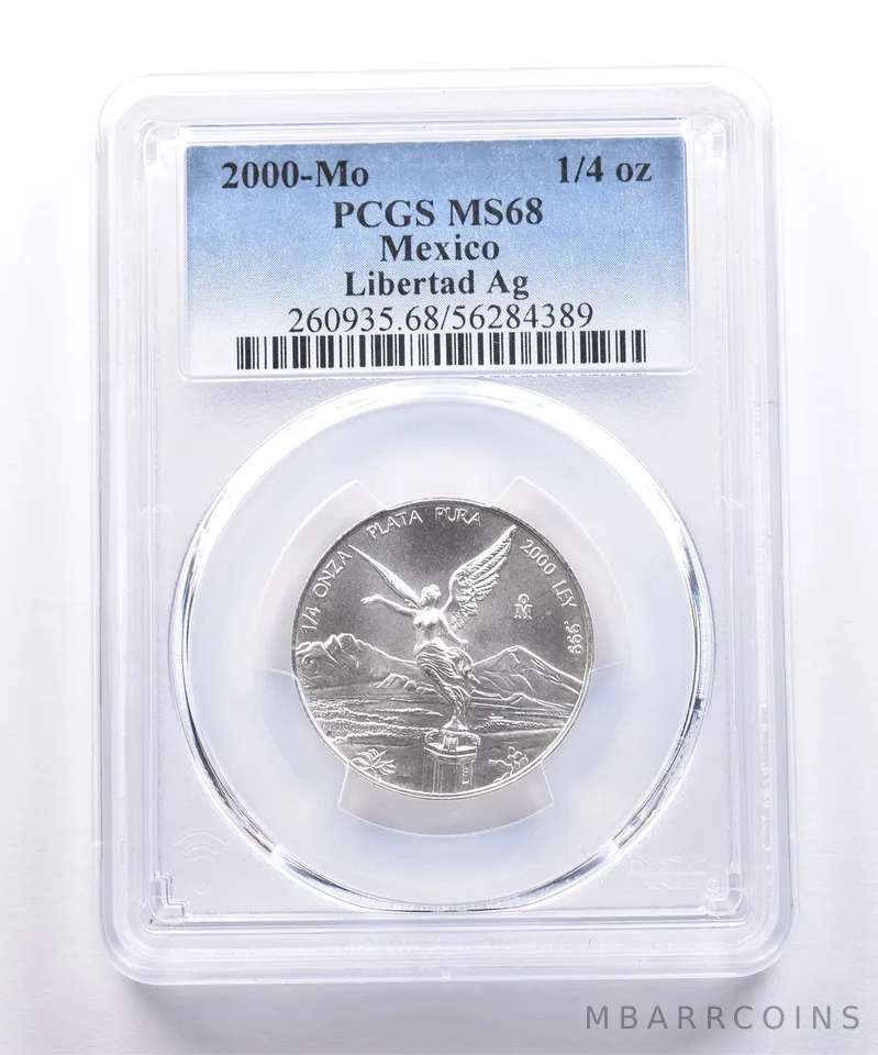 2000 Mo Mexico 1/4 Onza Silver Libertad MS68 PCGS Blue Label