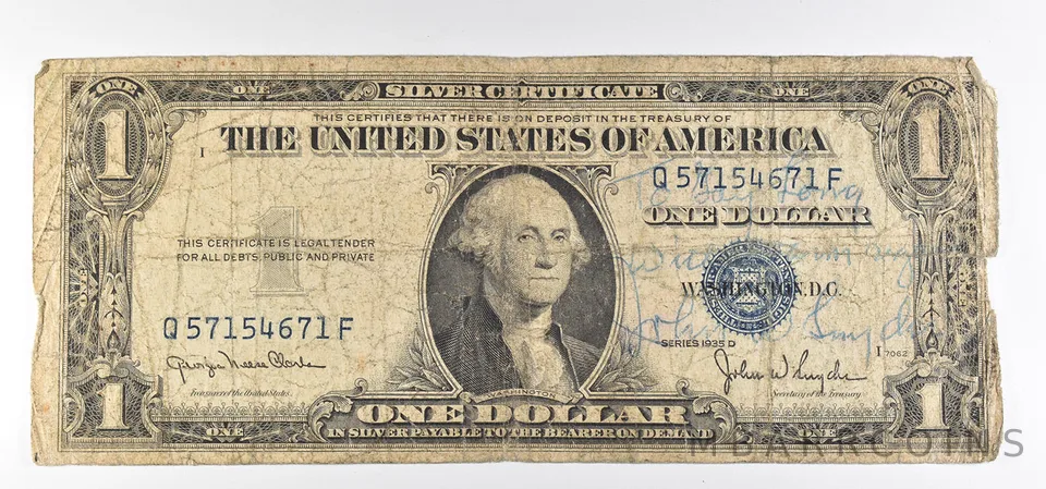 1935 D $1 Silver Certificate Blue Seal Short Snorter *0901